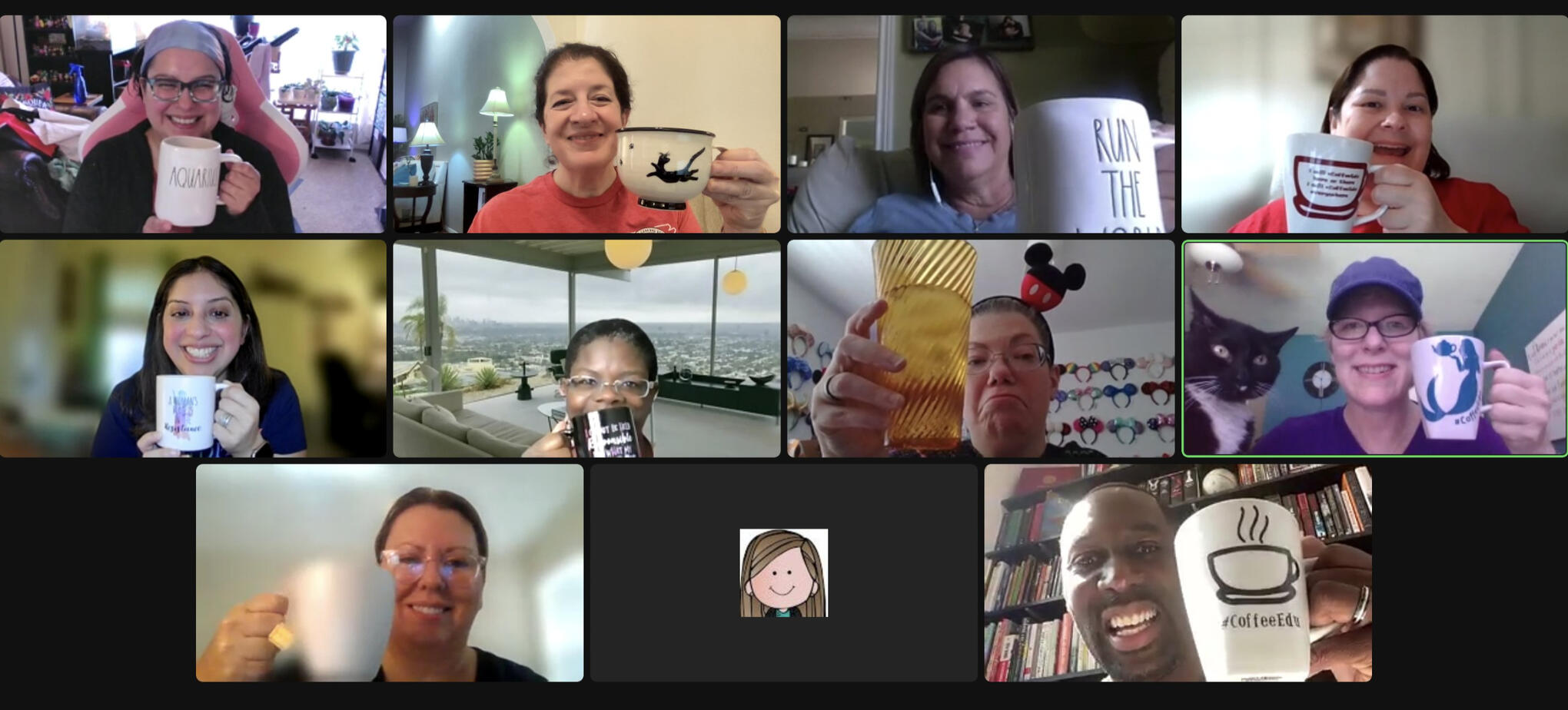 zoom screen showing 11 photos of people holding coffee mugs